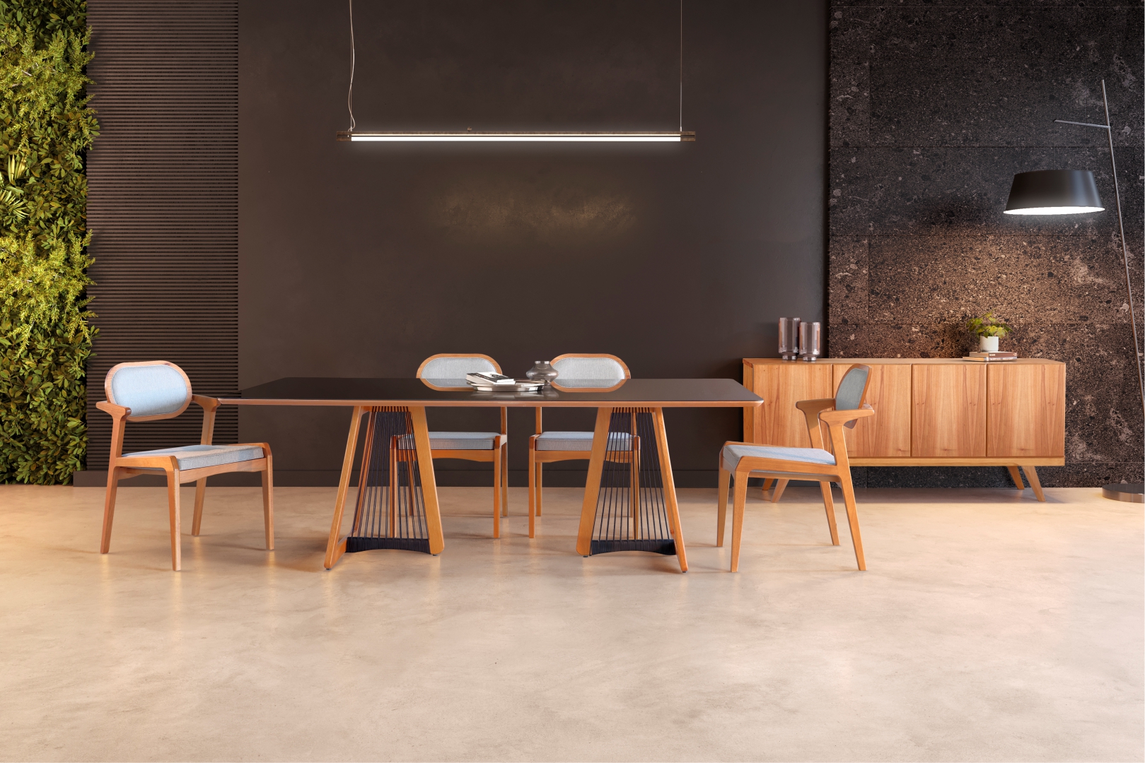 Mesa Harpa cinamomo vidro preto cad Maya sem braço estofada e buffet Zara 3 Portas laminada